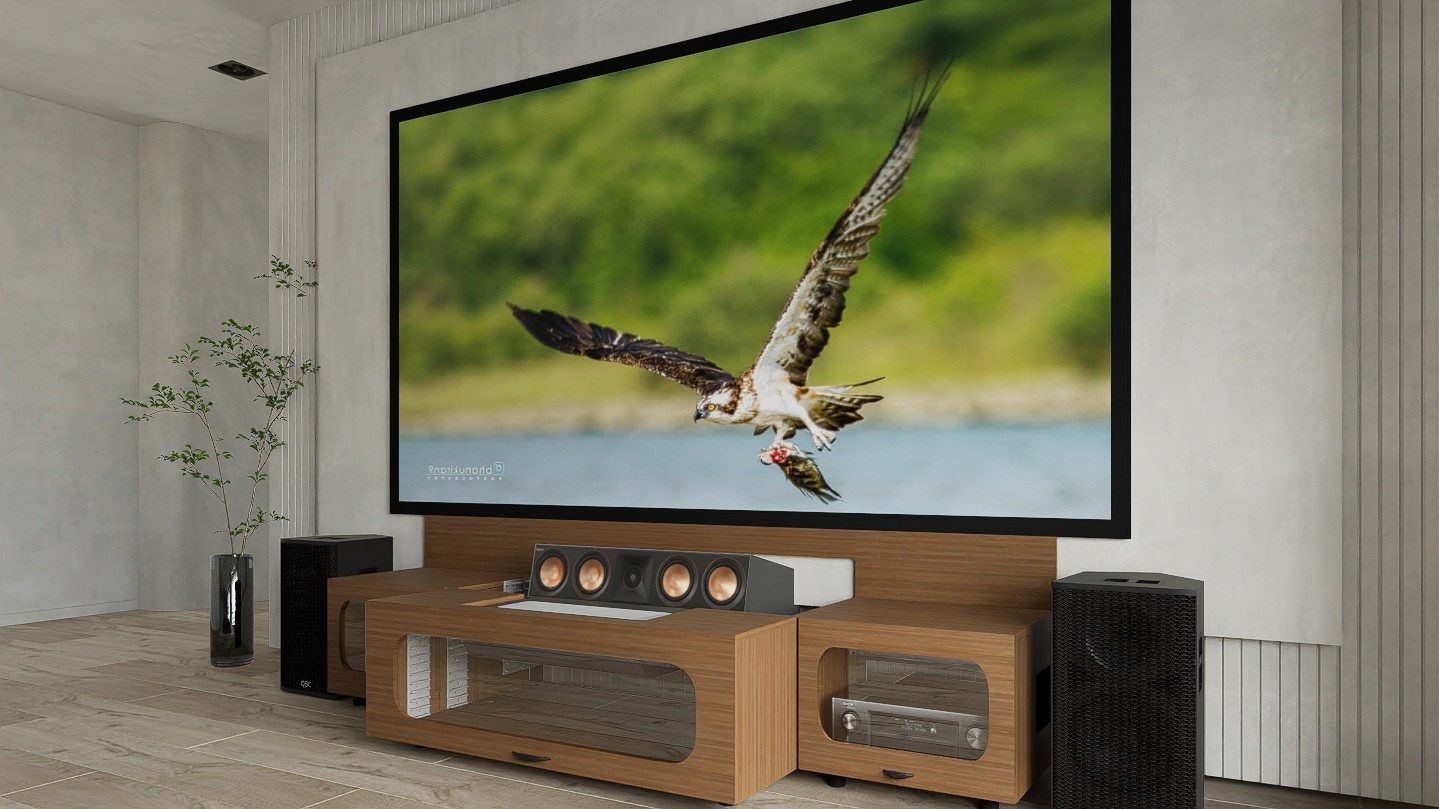 High Profile Sierra walnut Cabinet designed for integrating Ultra Short Throw Projector,Center Channel and 120”-132" Fixed screen with elegant doors.
