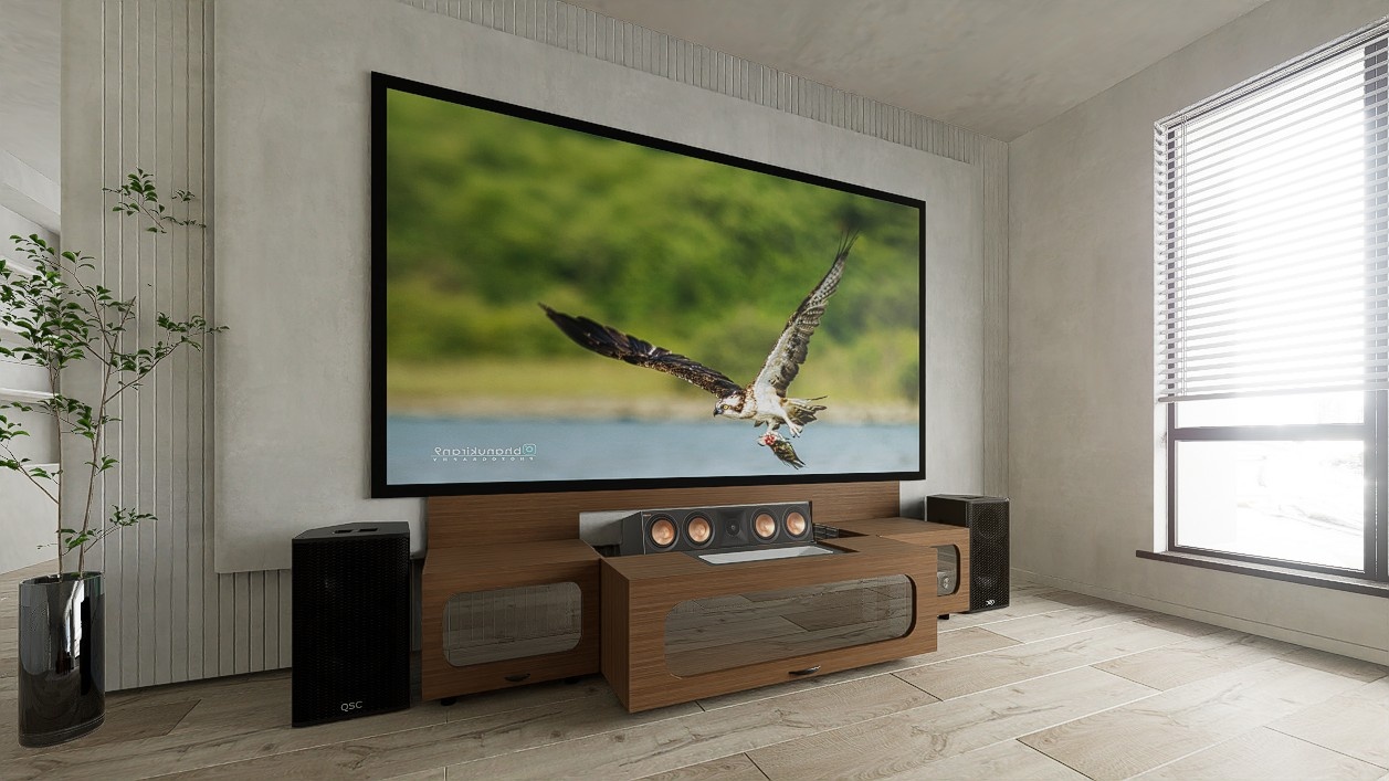 High Profile Sierra walnut Cabinet designed for integrating Ultra Short Throw Projector,Center Channel and 120”-132" Fixed screen with elegant doors.