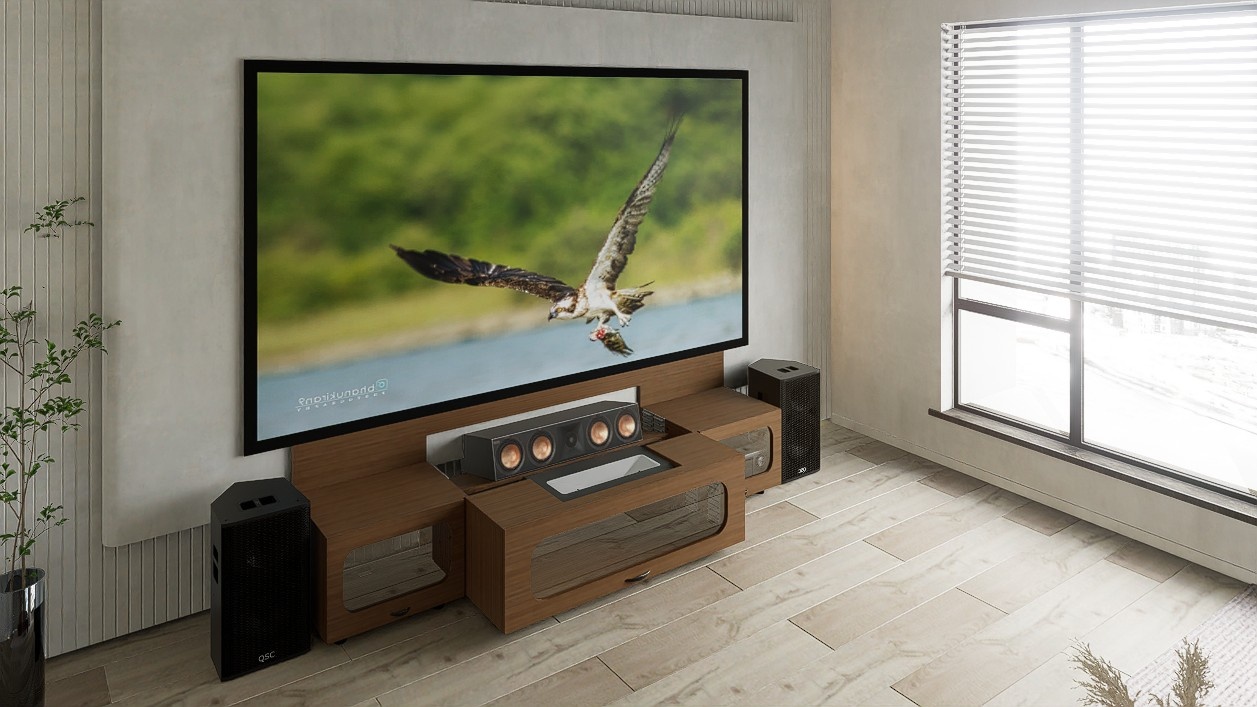 High Profile Sierra walnut Cabinet designed for integrating Ultra Short Throw Projector,Center Channel and 120”-132" Fixed screen with elegant doors.