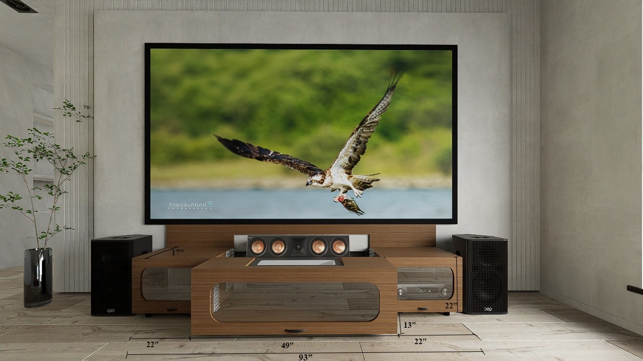 High Profile Sierra walnut Cabinet designed for integrating Ultra Short Throw Projector,Center Channel and 120”-132" Fixed screen with elegant doors.