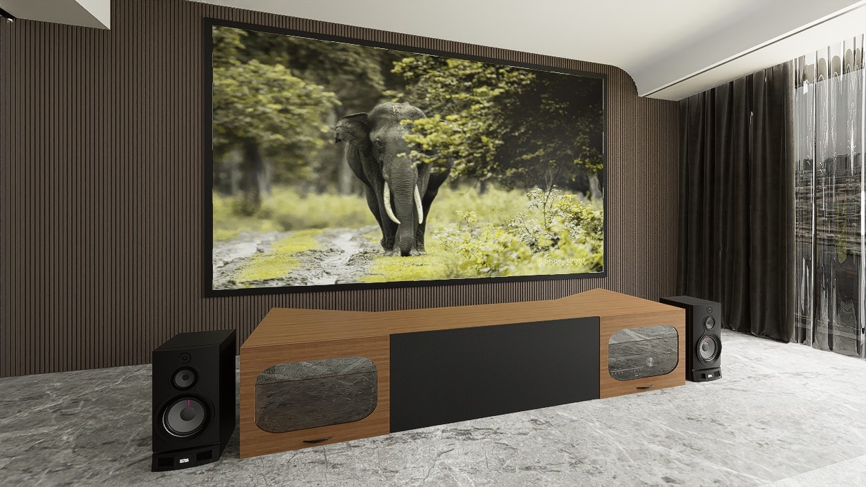 Low Profile Sierra walnut Cabinet designed for integrating Ultra Short Throw Projector,Center Channel and Fixed screen with elegant doors.