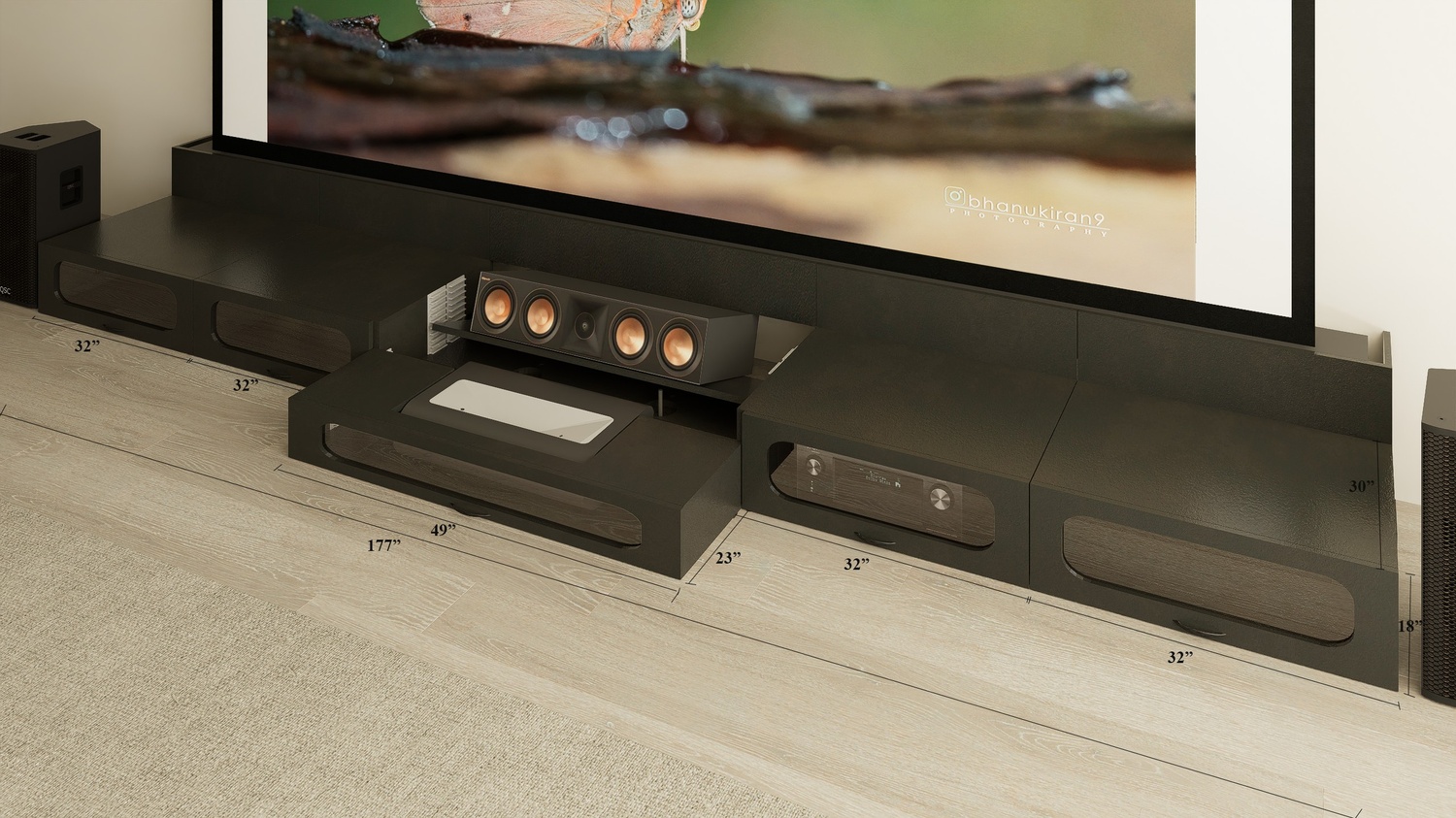 Ultra Low Profile Black Cabinet designed for integrating Ultra Short Throw Projector,Center Channel and 150" Floor raising screen with elegant doors.