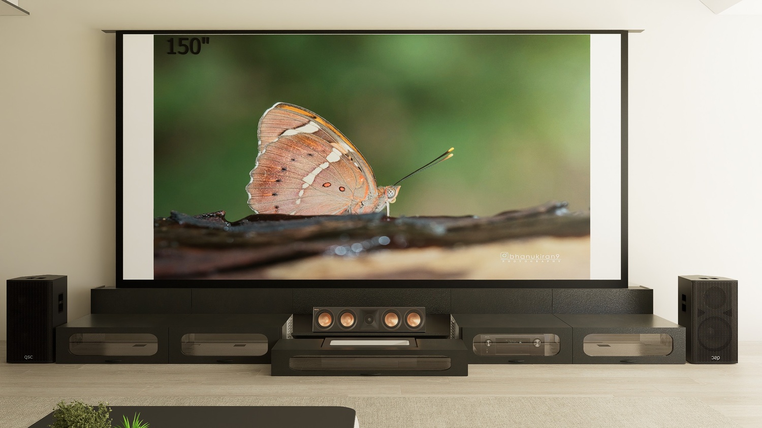 Ultra Low Profile Black Cabinet designed for integrating Ultra Short Throw Projector,Center Channel and 150" Floor raising screen with elegant doors.