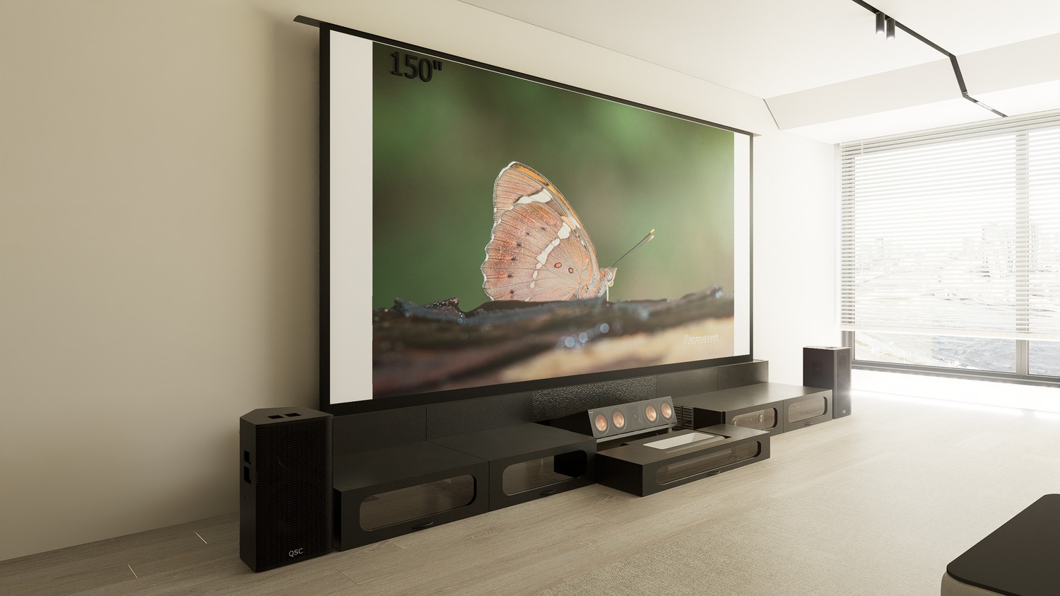 Ultra Low Profile Black Cabinet designed for integrating Ultra Short Throw Projector,Center Channel and 150" Floor raising screen with elegant doors.