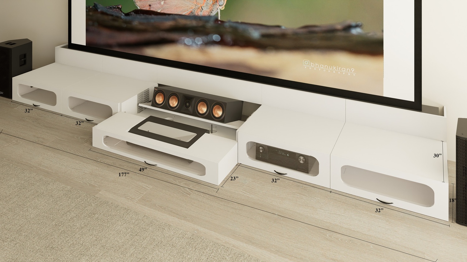 Ultra Low Profile White Cabinet designed for integrating Ultra Short Throw Projector,Center Channel and 150" Floor raising screen with elegant doors.