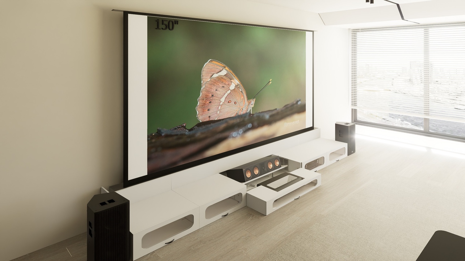 Ultra Low Profile White Cabinet designed for integrating Ultra Short Throw Projector,Center Channel and 150" Floor raising screen with elegant doors.