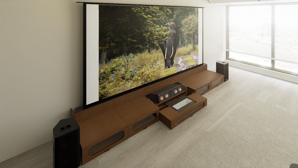 Ultra Low Profile Sierra walnut Cabinet designed for integrating Ultra Short Throw Projector,Center Channel and 150" Floor raising screen with elegant doors.