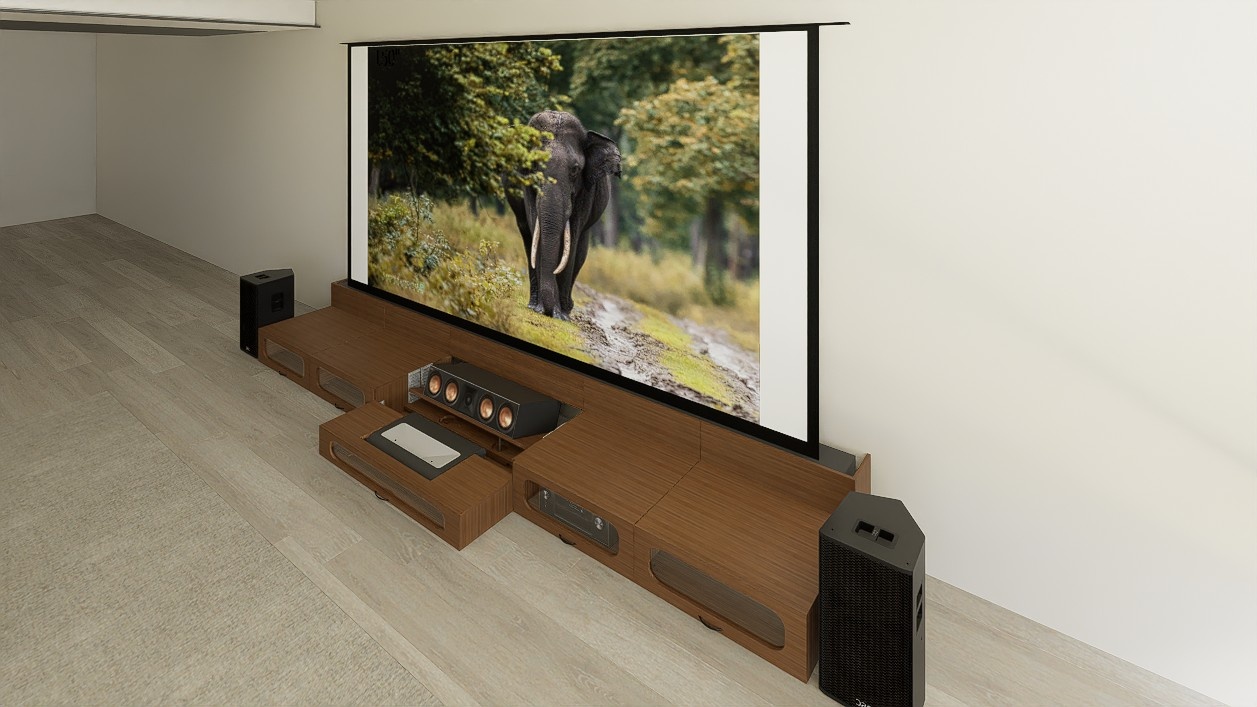 Ultra Low Profile Sierra walnut Cabinet designed for integrating Ultra Short Throw Projector,Center Channel and 150" Floor raising screen with elegant doors.