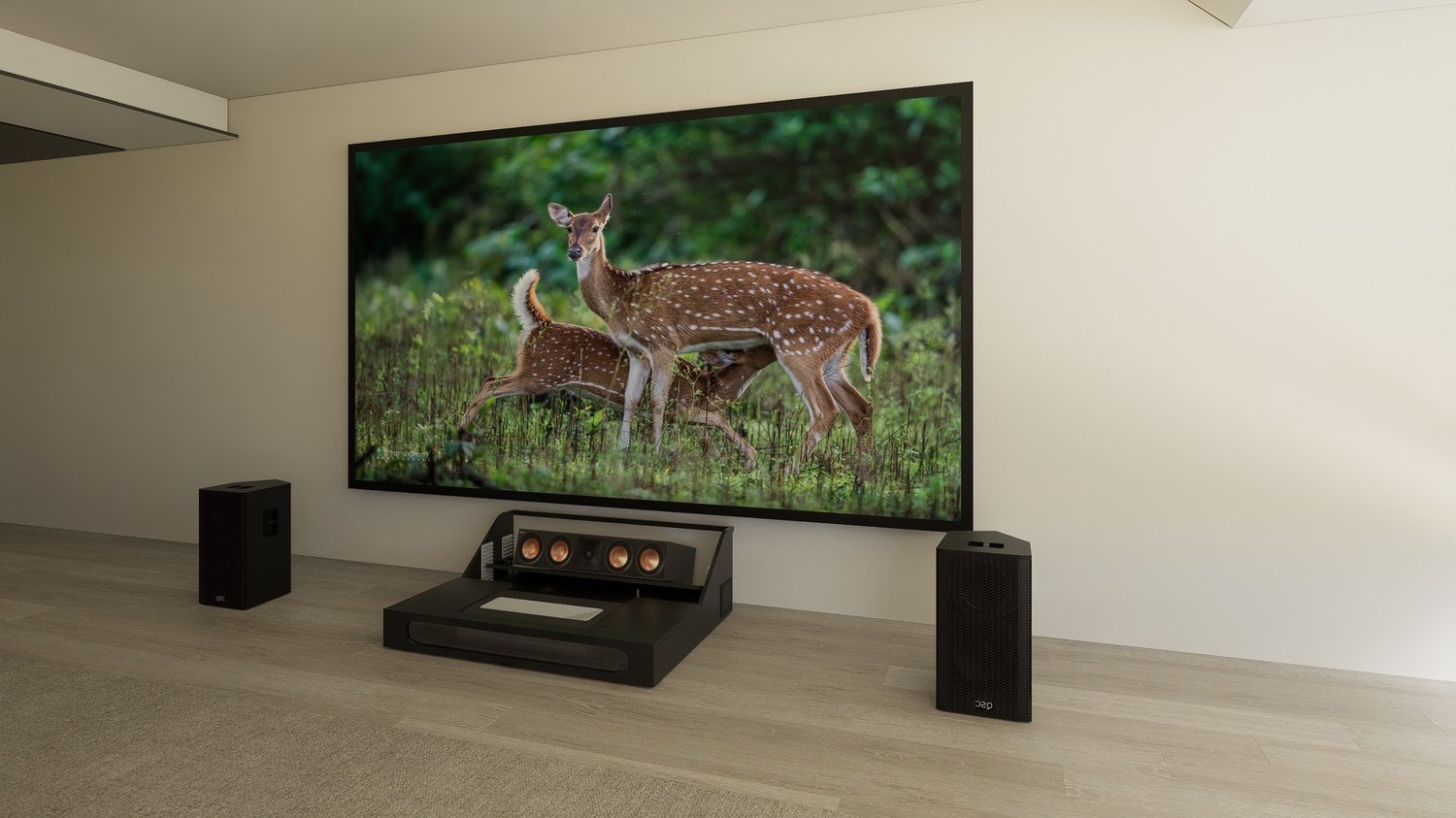 Ultra Low Profile Core Black Cabinet designed for integrating Ultra Short Throw Projector,Center Channel and Fixed screen with elegant doors.