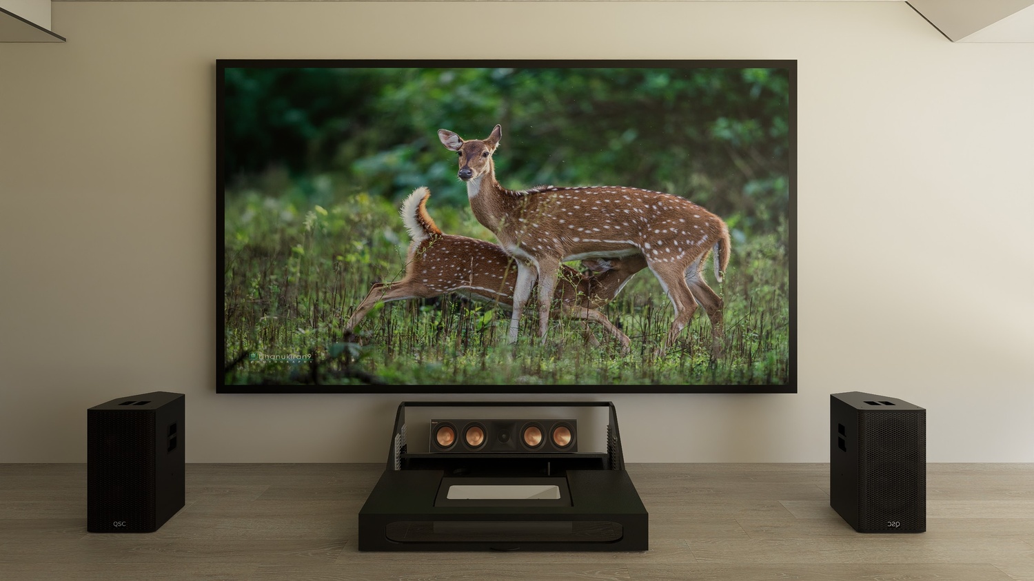 Ultra Low Profile Core Black Cabinet designed for integrating Ultra Short Throw Projector,Center Channel and Fixed screen with elegant doors.