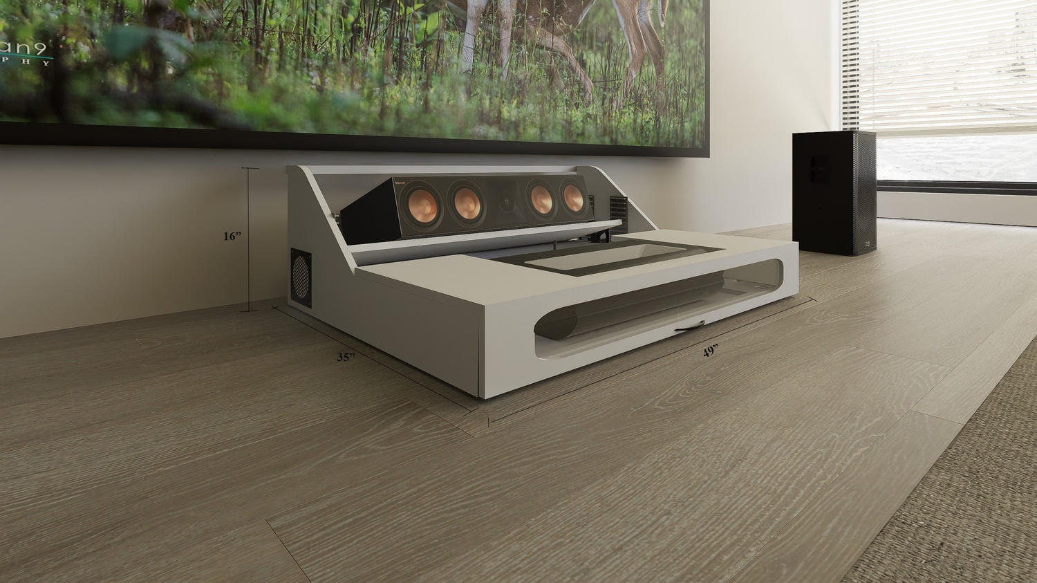 Ultra Low Profile Core White Cabinet designed for integrating Ultra Short Throw Projector,Center Channel and Fixed screen with elegant doors.