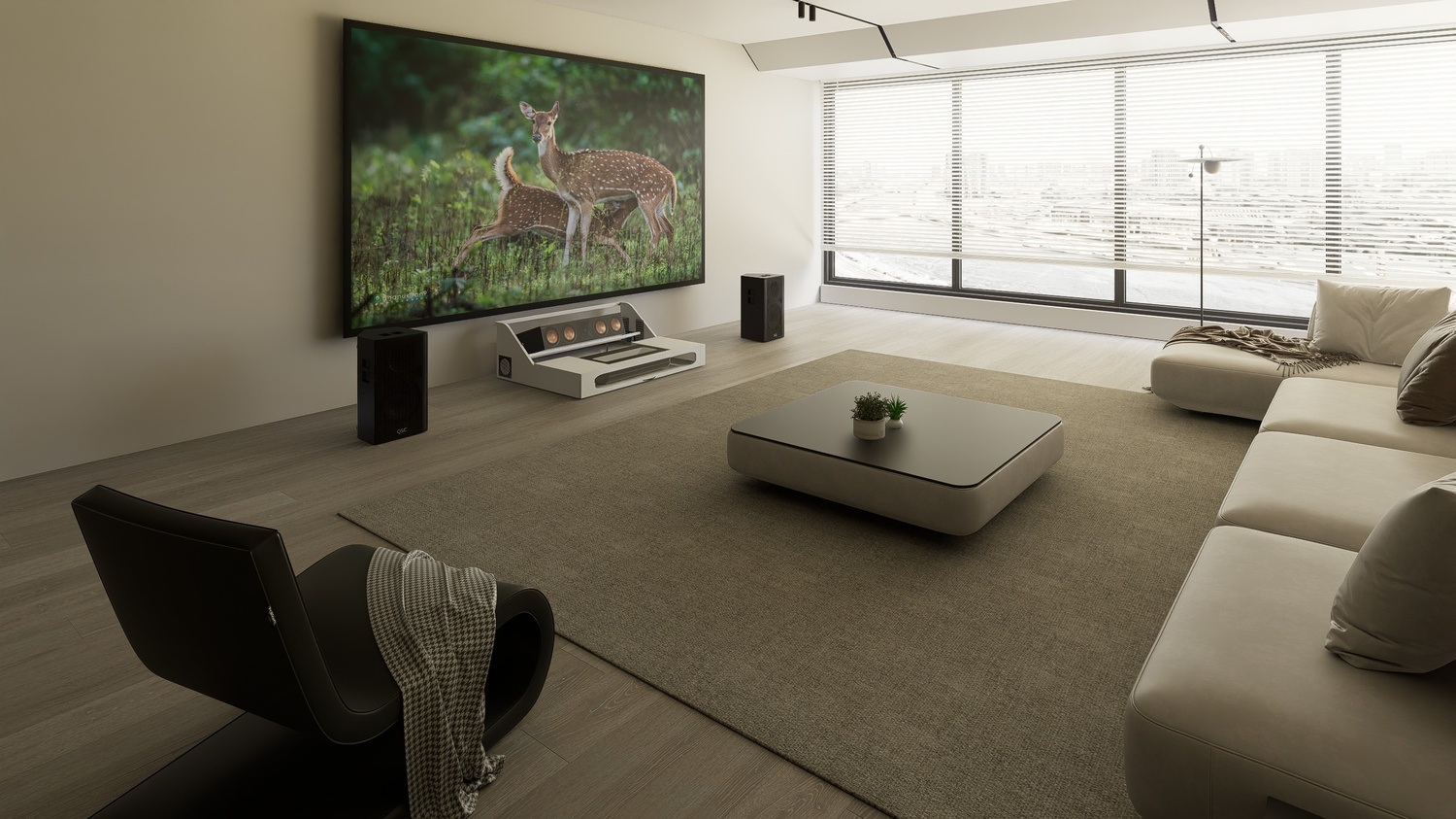 Ultra Low Profile Core White Cabinet designed for integrating Ultra Short Throw Projector,Center Channel and Fixed screen with elegant doors.