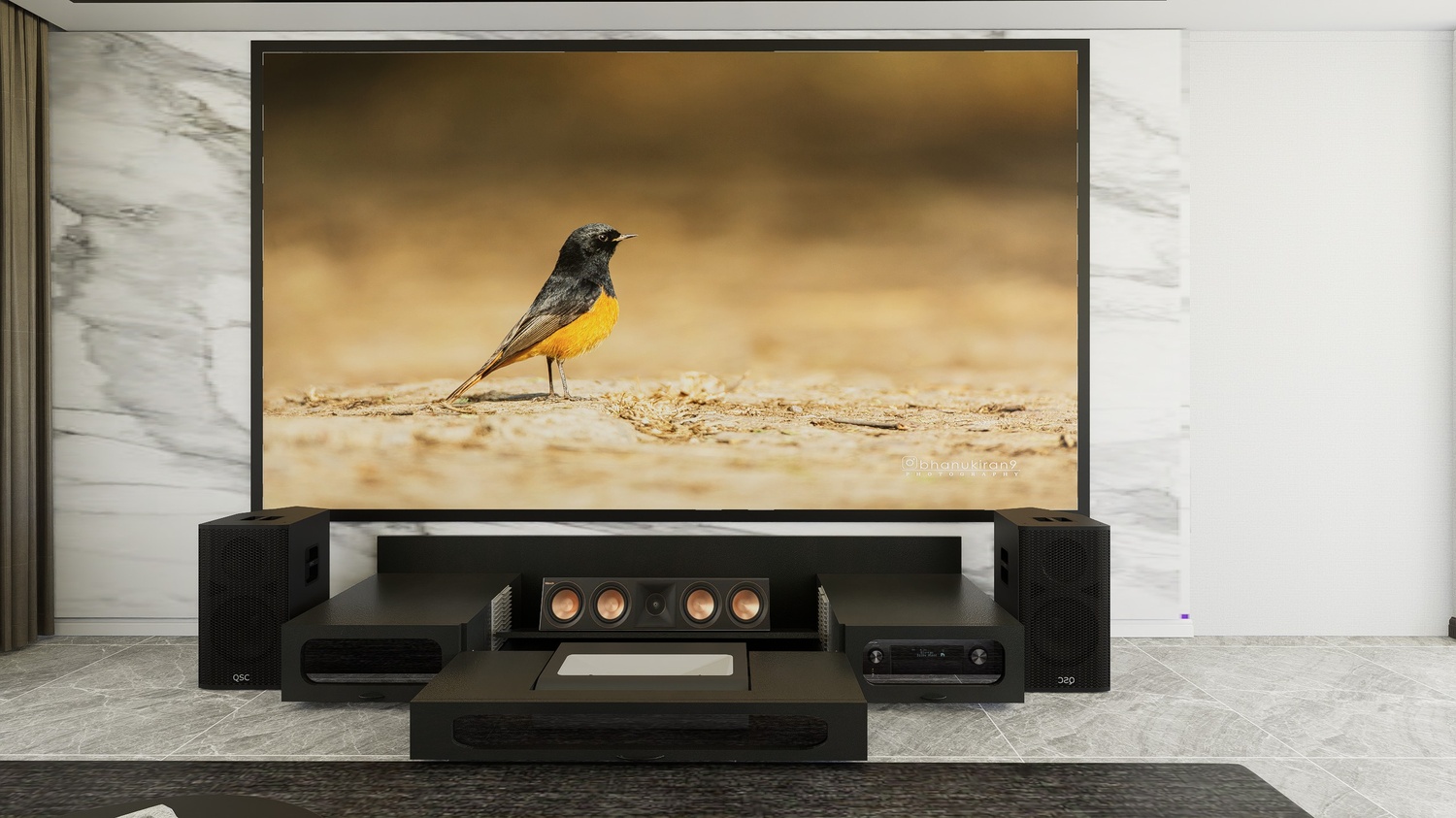 Ultra Low Profile Black Cabinet designed for integrating Ultra Short Throw Projector,Center Channel and Fixed screen with elegant doors.