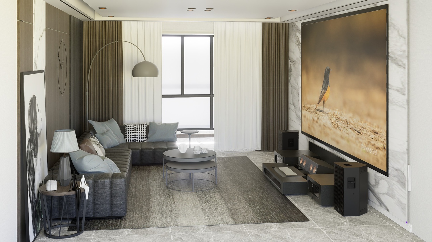 Ultra Low Profile Black Cabinet designed for integrating Ultra Short Throw Projector,Center Channel and Fixed screen with elegant doors.