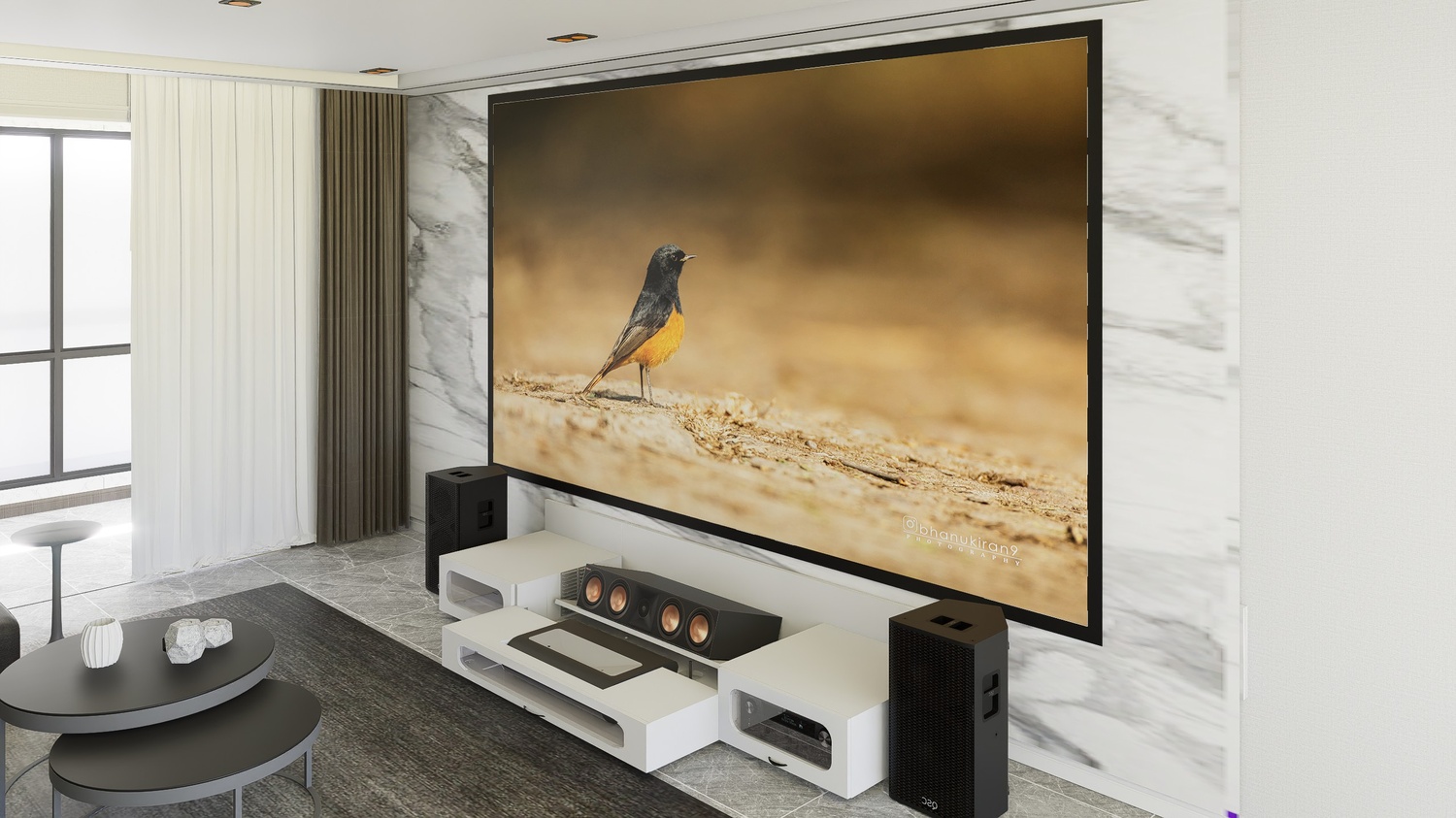 Ultra Low Profile White Cabinet designed for integrating Ultra Short Throw Projector,Center Channel and Fixed screen with elegant doors.