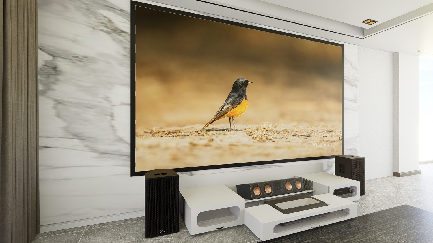 Ultra Low Profile White Cabinet designed for integrating Ultra Short Throw Projector,Center Channel and Fixed screen with elegant doors.