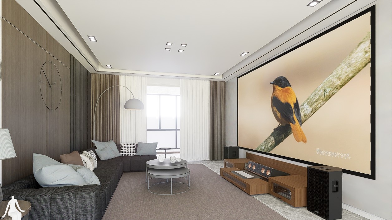 Ultra Low Profile Sierra walnut Cabinet designed for integrating Ultra Short Throw Projector,Center Channel and 150" Fixed screen with elegant doors.