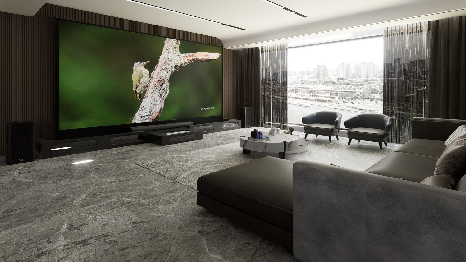 Ultra Low Profile Black Cabinet designed for integrating Ultra Short Throw Projector,Center Channel and 150" Floor raising screen with elegant doors.