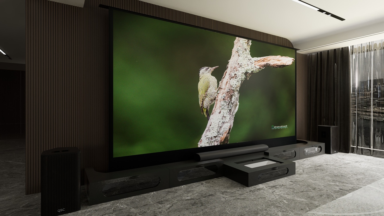 Ultra Low Profile Black Cabinet designed for integrating Ultra Short Throw Projector,Center Channel and 150" Floor raising screen with elegant doors.