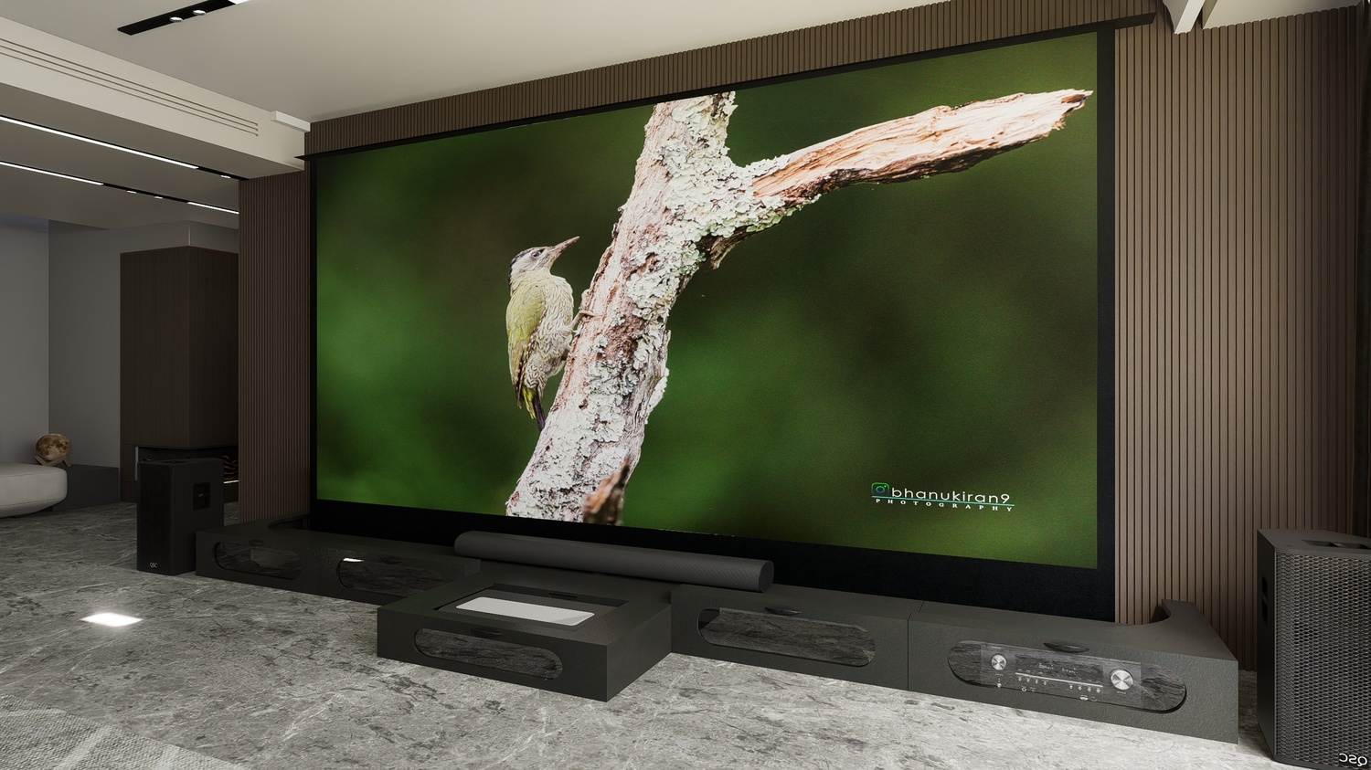 Ultra Low Profile Black Cabinet designed for integrating Ultra Short Throw Projector,Center Channel and 150" Floor raising screen with elegant doors.