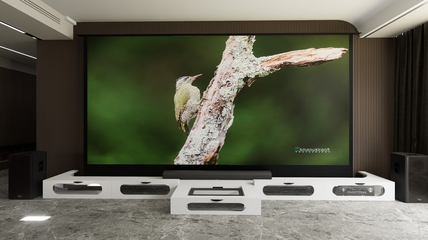 Ultra Low Profile White Cabinet designed for integrating Ultra Short Throw Projector,Center Channel and 150" Floor raising screen with elegant doors.