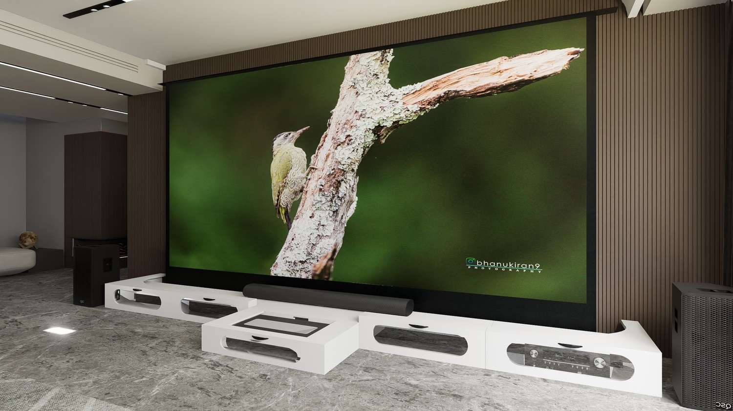 Ultra Low Profile White Cabinet designed for integrating Ultra Short Throw Projector,Center Channel and 150" Floor raising screen with elegant doors.