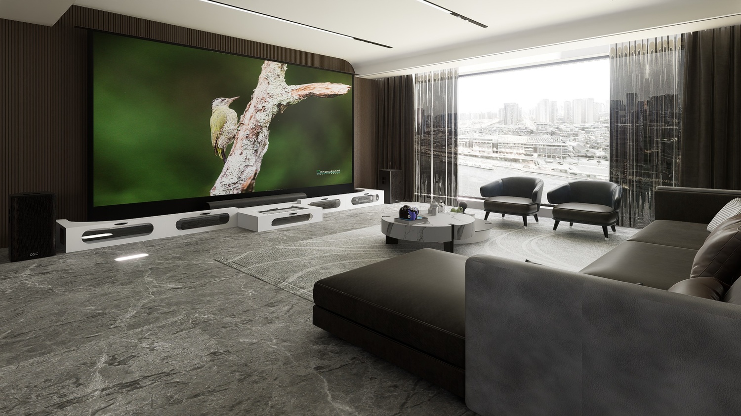 Ultra Low Profile White Cabinet designed for integrating Ultra Short Throw Projector,Center Channel and 150" Floor raising screen with elegant doors.