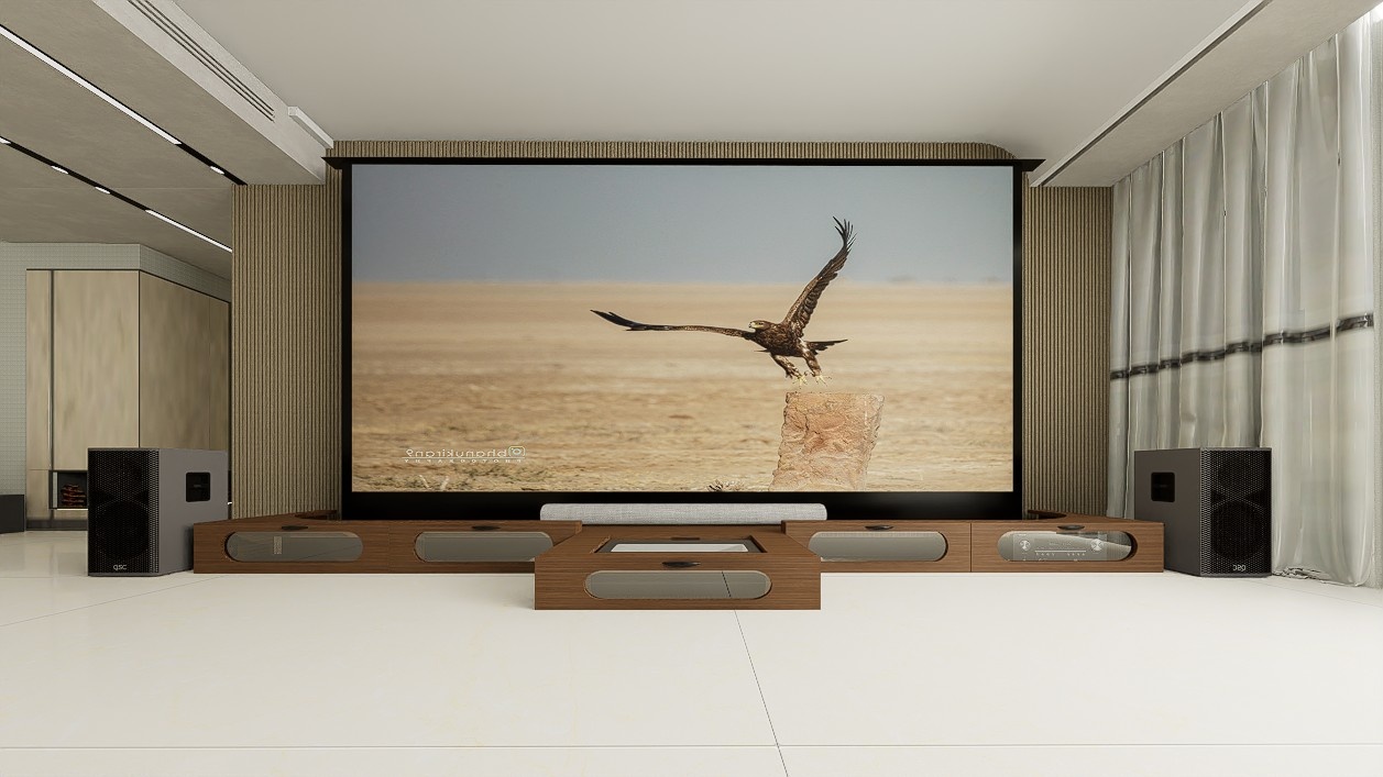 Ultra Low Profile Sierra walnut Cabinet designed for integrating Ultra Short Throw Projector,Center Channel and 150" Floor raising screen with elegant doors.