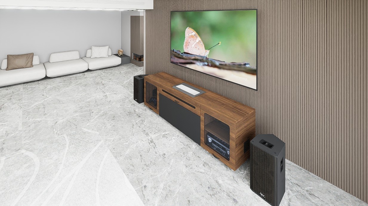 High Profile Sierra walnut Cabinet designed for integrating Ultra Short Throw Projector,Center Channel and Fixed screen with elegant doors.