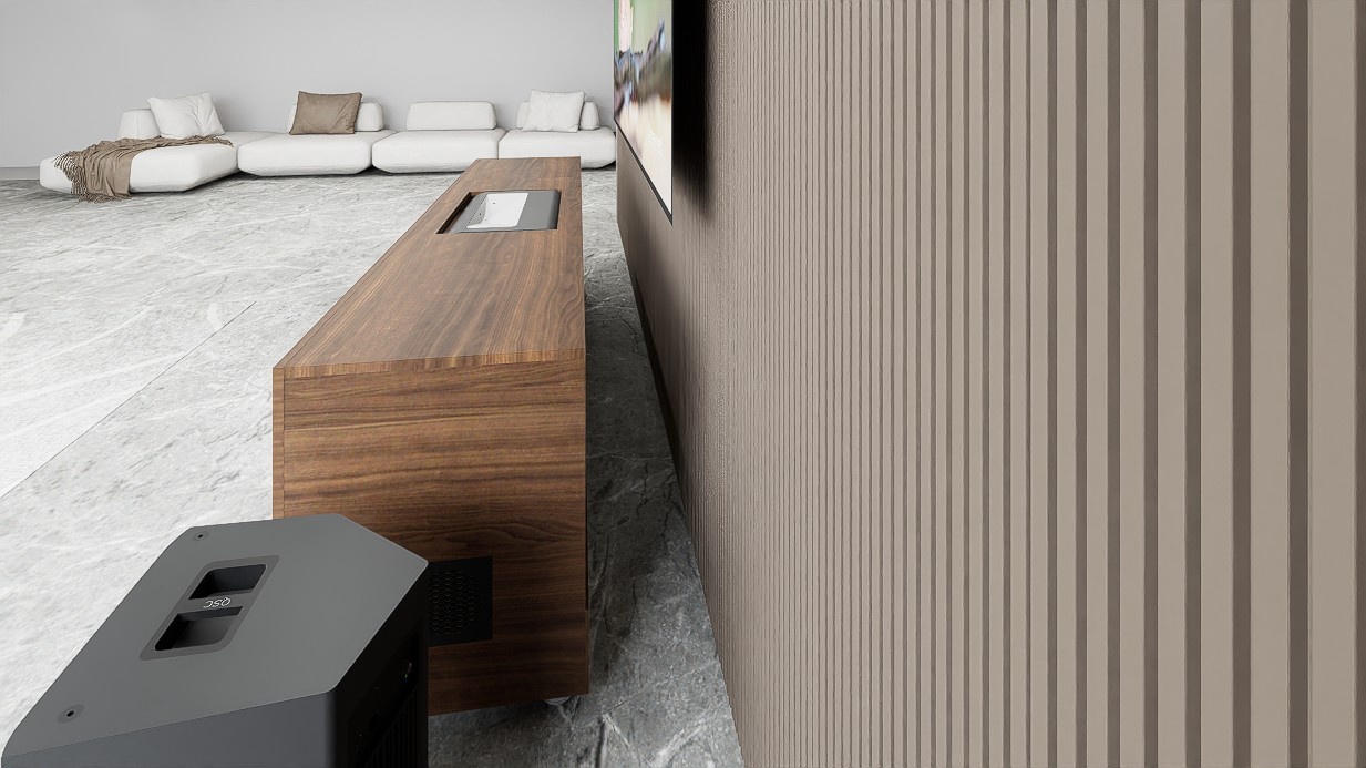 High Profile Sierra walnut Cabinet designed for integrating Ultra Short Throw Projector,Center Channel and Fixed screen with elegant doors.