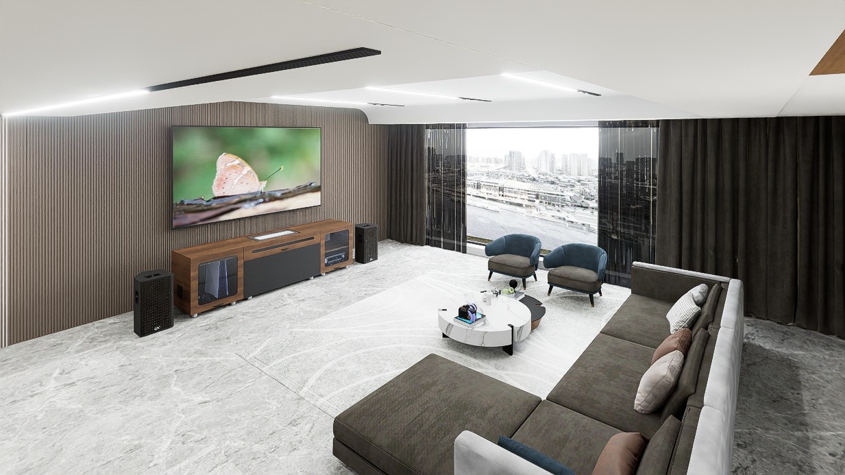 High Profile Sierra walnut Cabinet designed for integrating Ultra Short Throw Projector,Center Channel and Fixed screen with elegant doors.