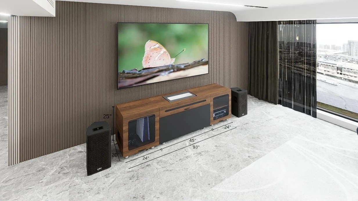 High Profile Sierra walnut Cabinet designed for integrating Ultra Short Throw Projector,Center Channel and Fixed screen with elegant doors.