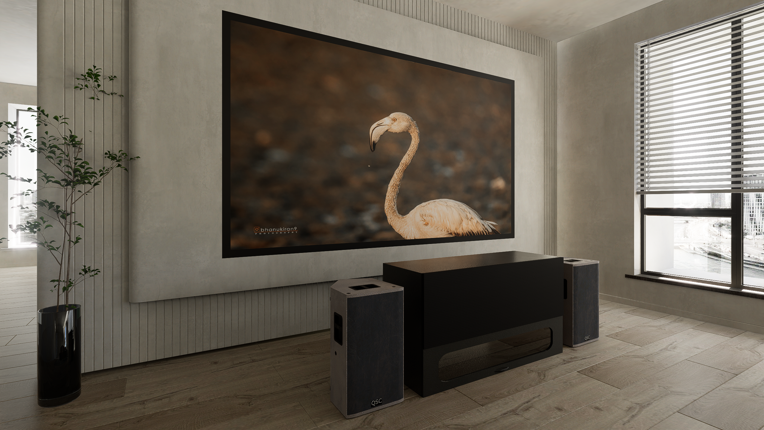 High Profile Core Black Cabinet designed for integrating Ultra Short Throw Projector,Center Channel and Fixed screen with elegant doors.