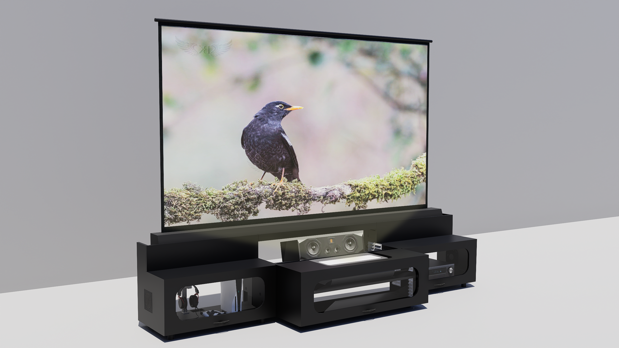 High Profile Black Cabinet designed for integrating Ultra Short Throw Projector,Center Channel and Floor raising screen with elegant doors.