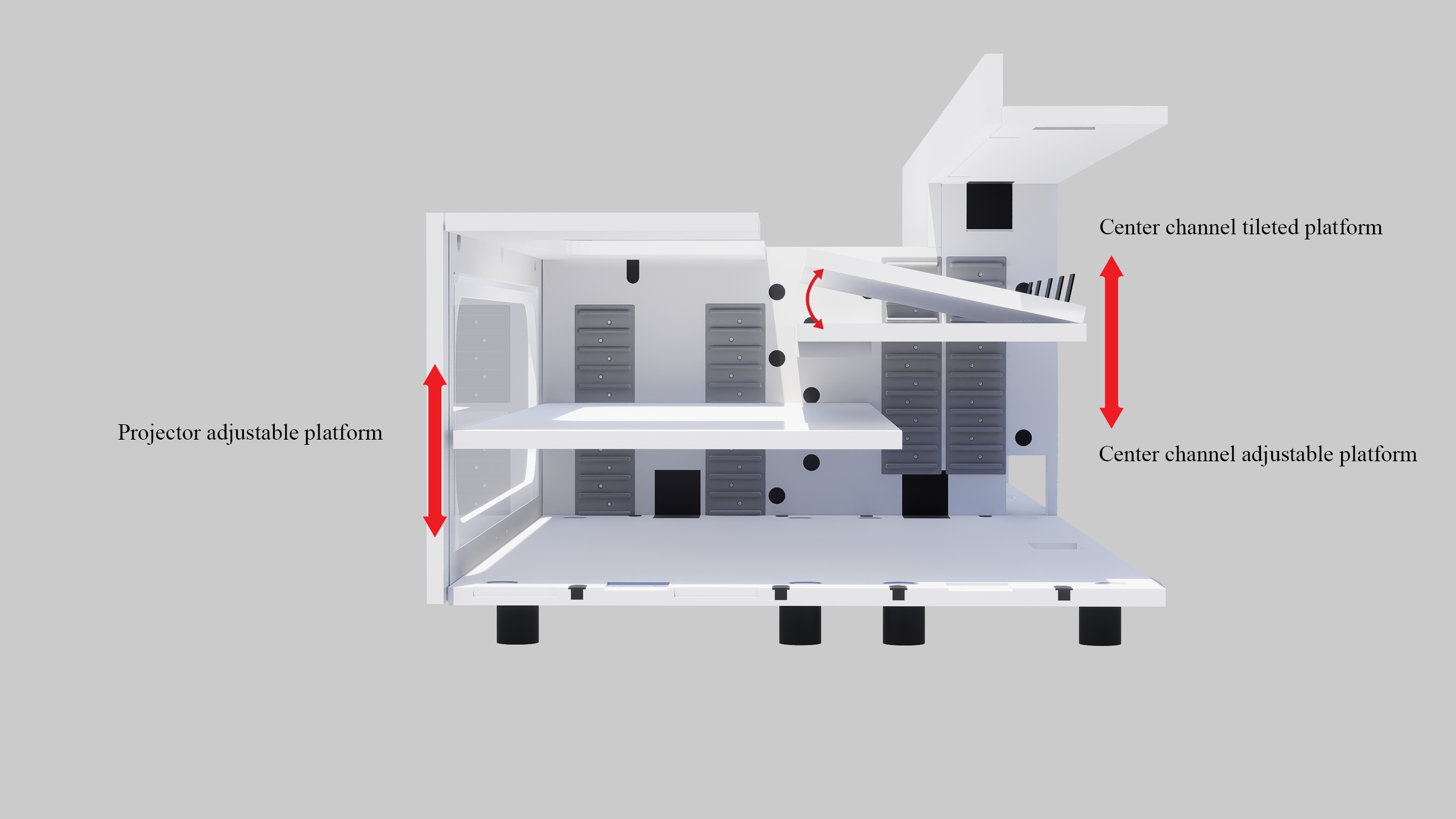 High Profile White Cabinet designed for integrating Ultra Short Throw Projector,Center Channel and Floor raising screen with elegant doors.