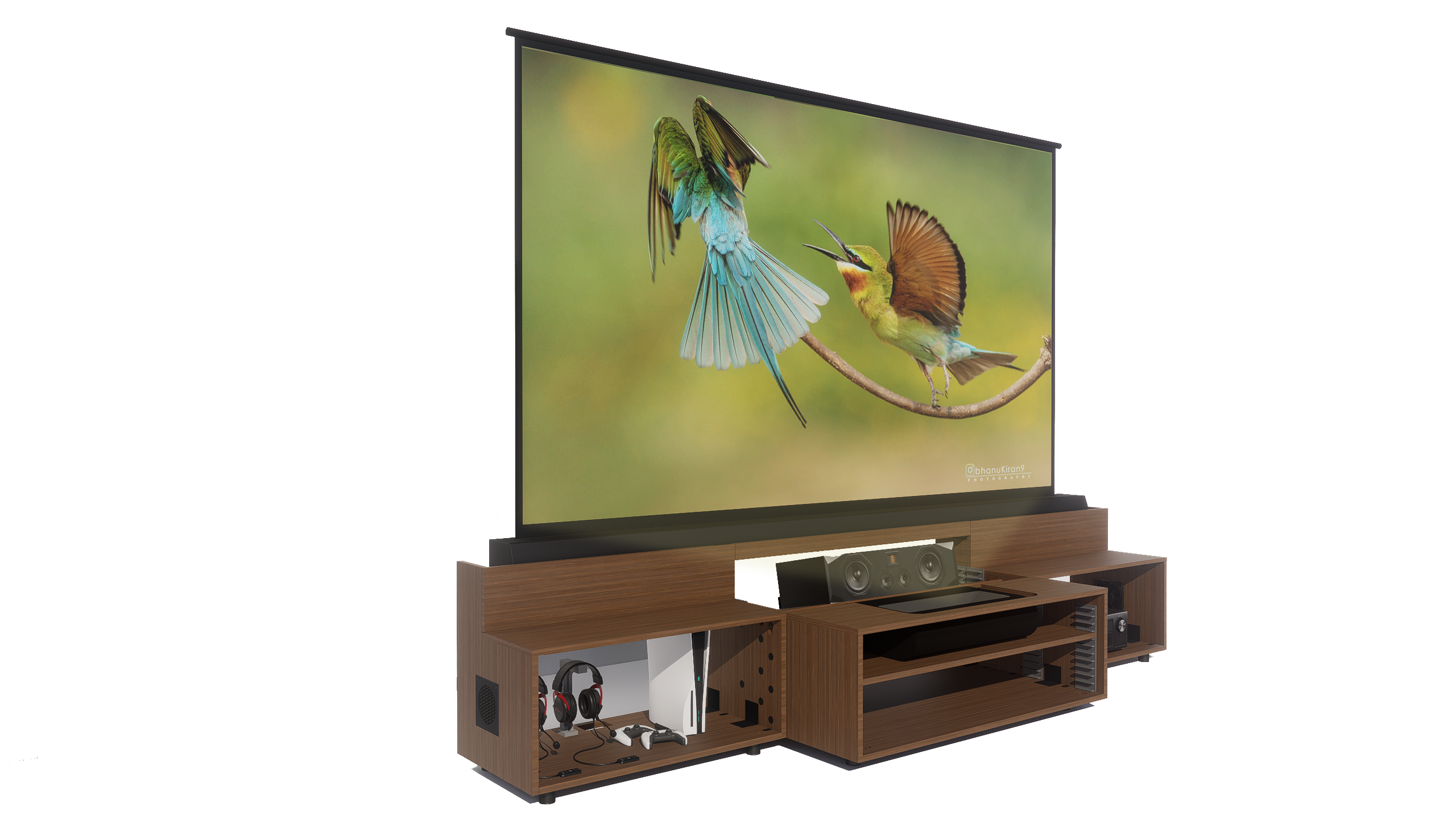 High Profile Sierra walnut Cabinet designed for integrating Ultra Short Throw Projector,Center Channel and Floor raising screen with Open doors.