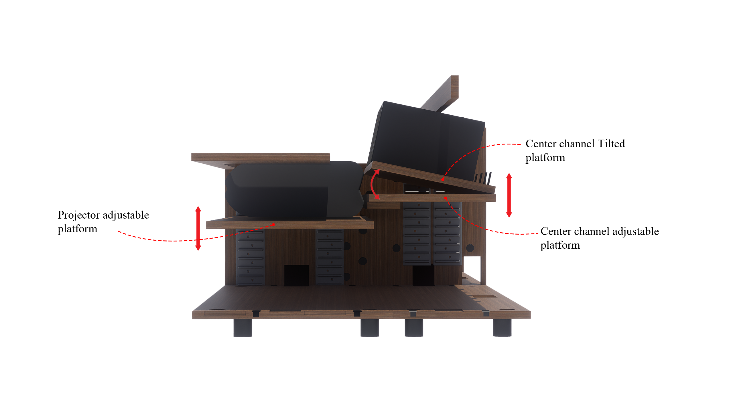 High Profile Sierra walnut Cabinet designed for integrating Ultra Short Throw Projector,Center Channel and Floor raising screen with Open doors.