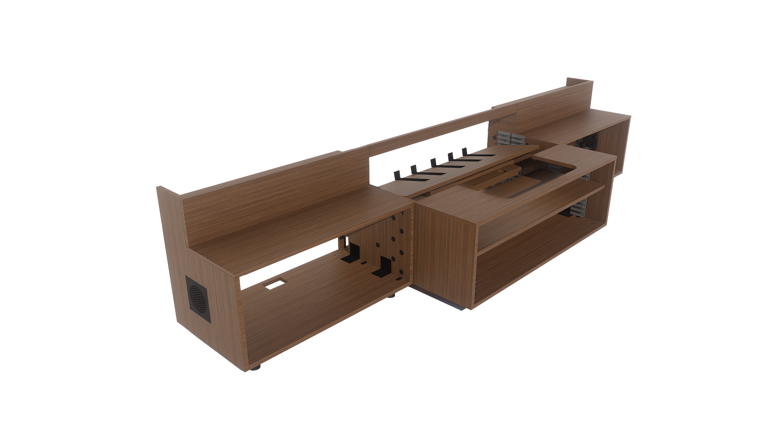 High Profile Sierra walnut Cabinet designed for integrating Ultra Short Throw Projector,Center Channel and Floor raising screen with Open doors.