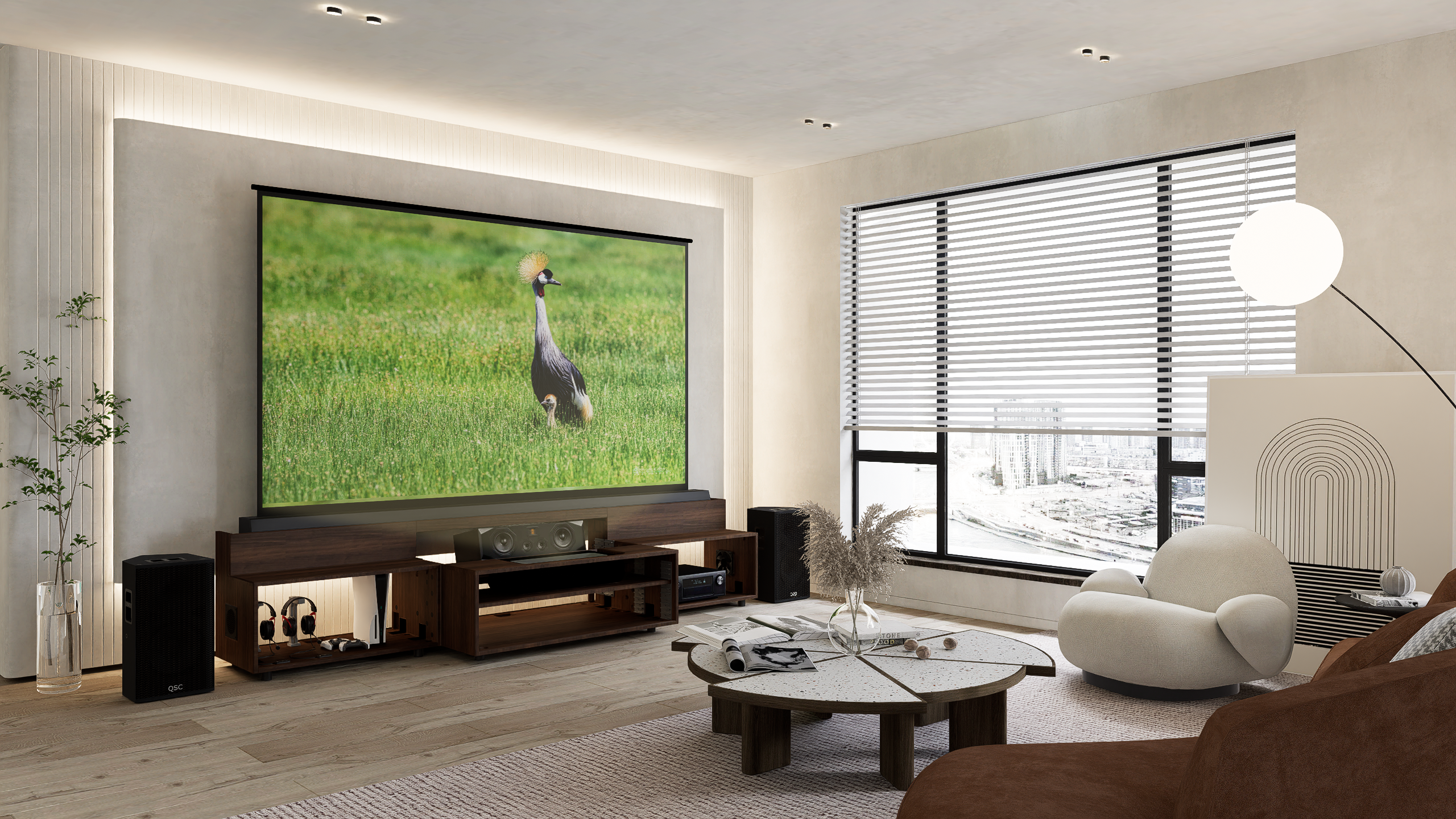 High Profile Columbian walnut Cabinet designed for integrating Ultra Short Throw Projector,Center Channel and Floor raising screen with Open doors.