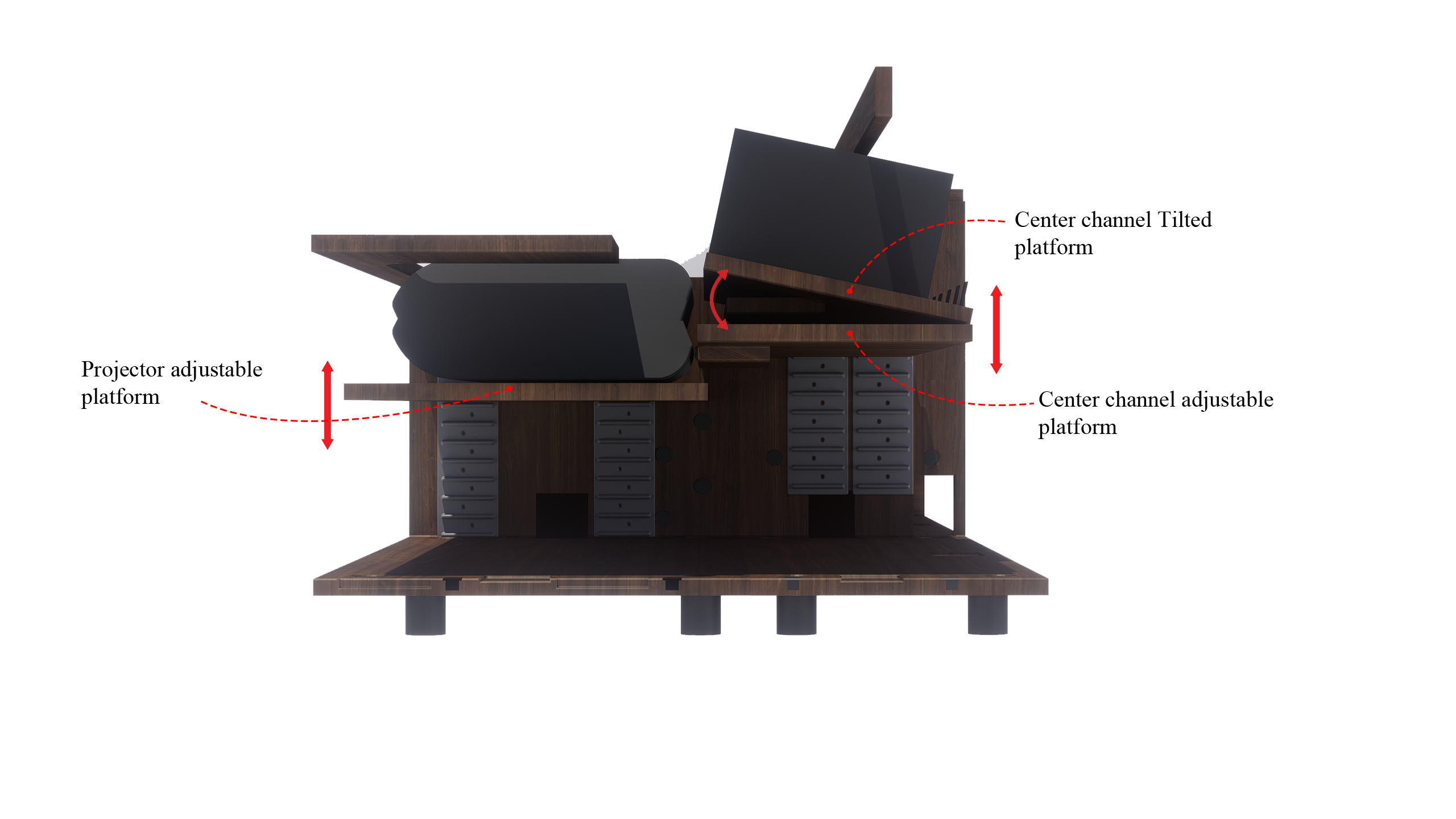 High Profile Columbian walnut Cabinet designed for integrating Ultra Short Throw Projector,Center Channel and Floor raising screen with Open doors.