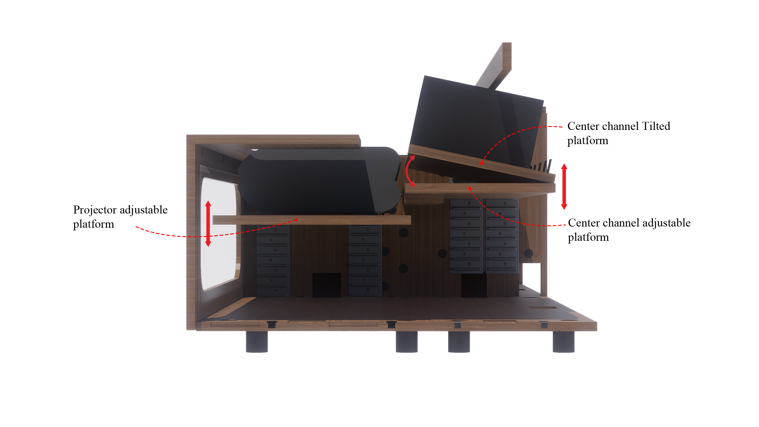 High Profile Sierra walnut Cabinet designed for integrating Ultra Short Throw Projector,Center Channel and Floor raising screen with elegant doors.