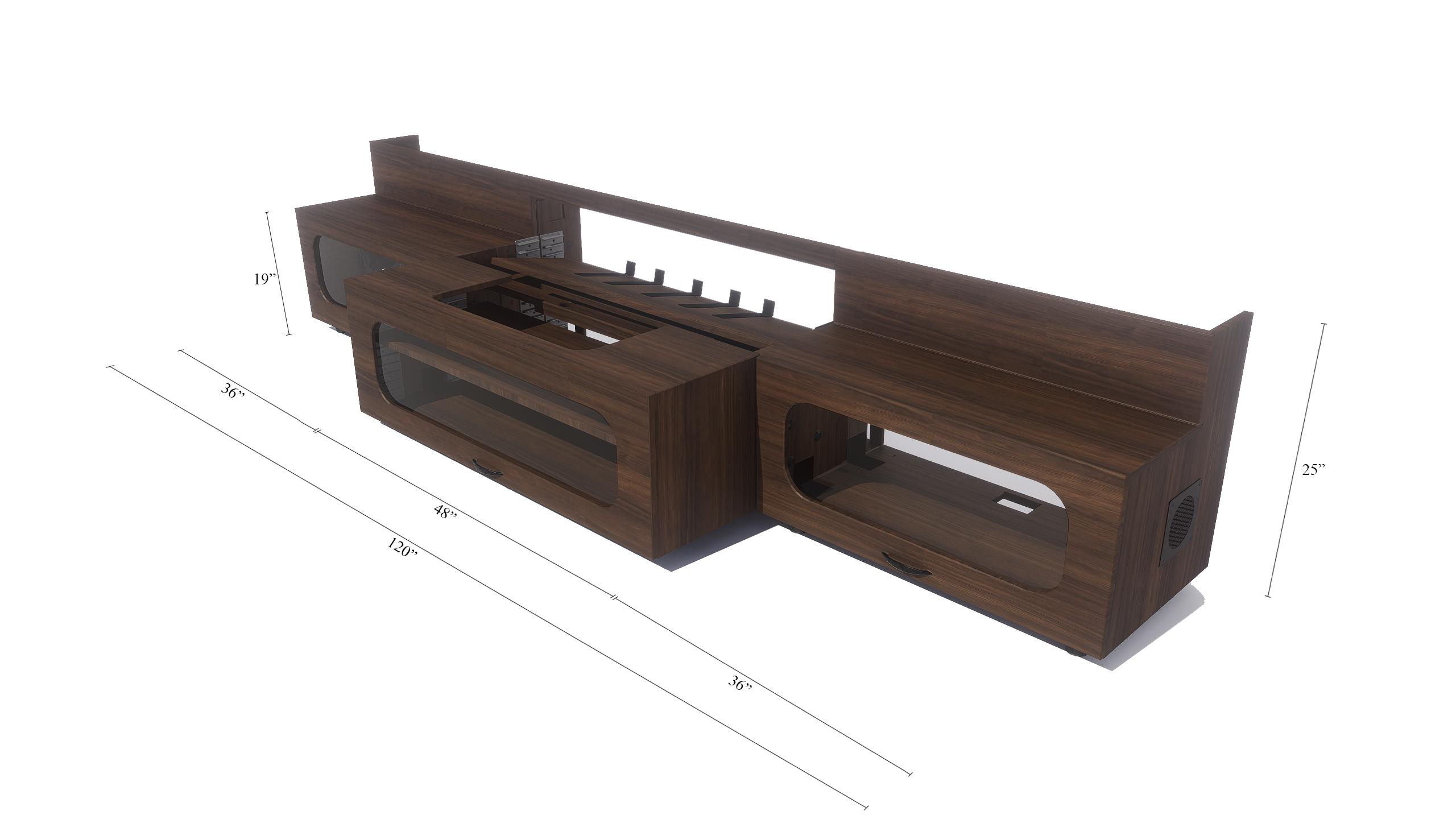 High Profile Columbian walnut Cabinet designed for integrating Ultra Short Throw Projector,Center Channel and Floor raising screen with elegant doors.