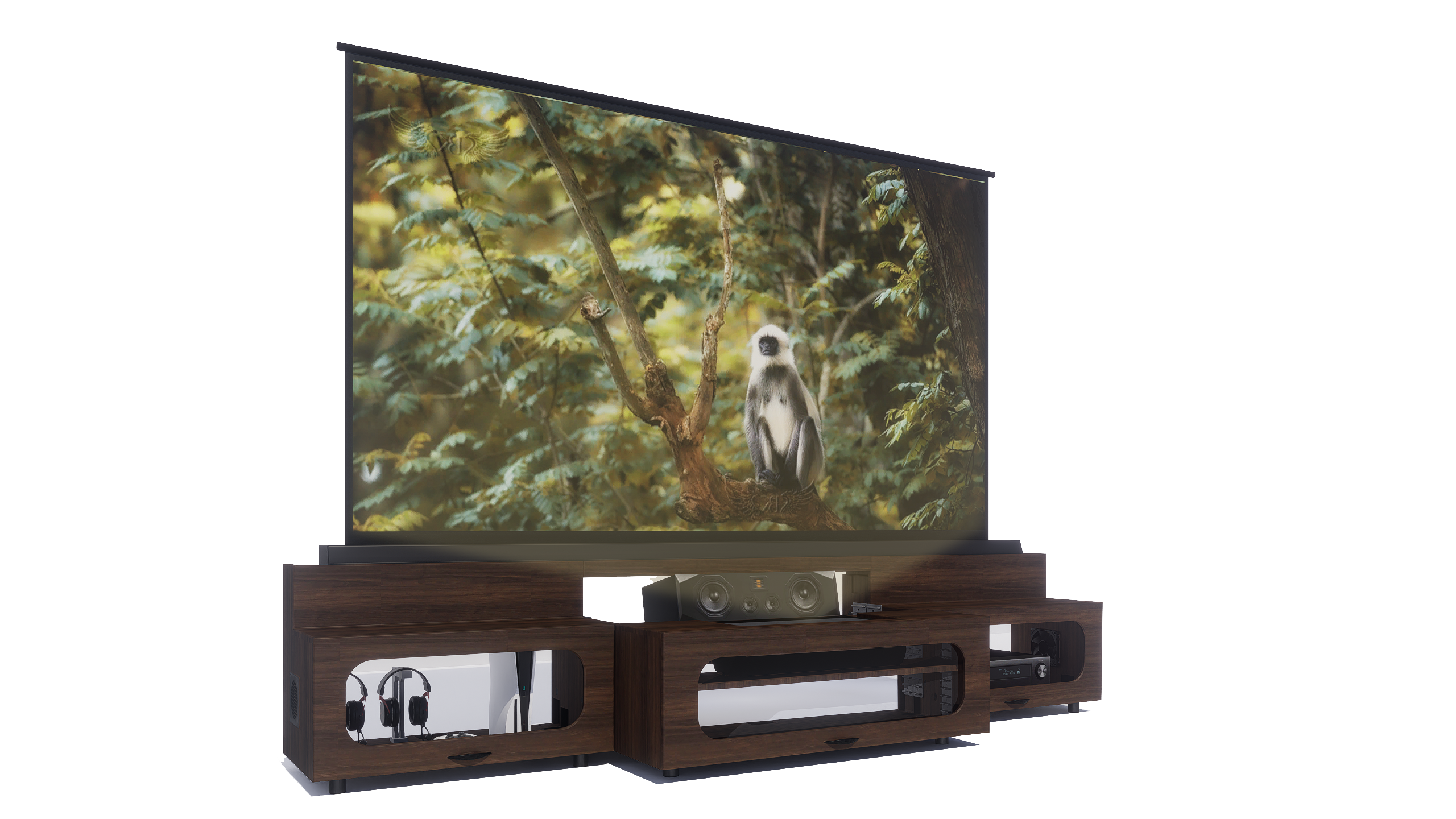 High Profile Columbian walnut Cabinet designed for integrating Ultra Short Throw Projector,Center Channel and Floor raising screen with elegant doors.