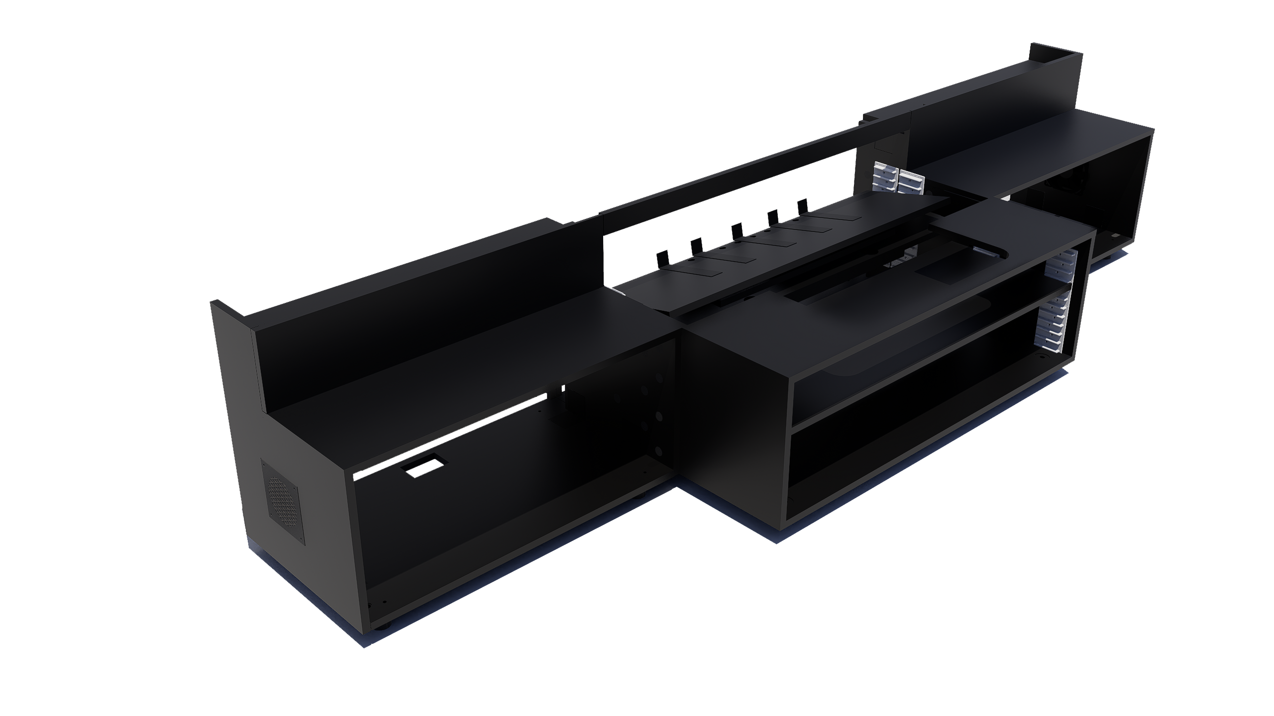 High Profile Black Cabinet designed for integrating Ultra Short Throw Projector,Center Channel and Floor raising screen with Open doors.