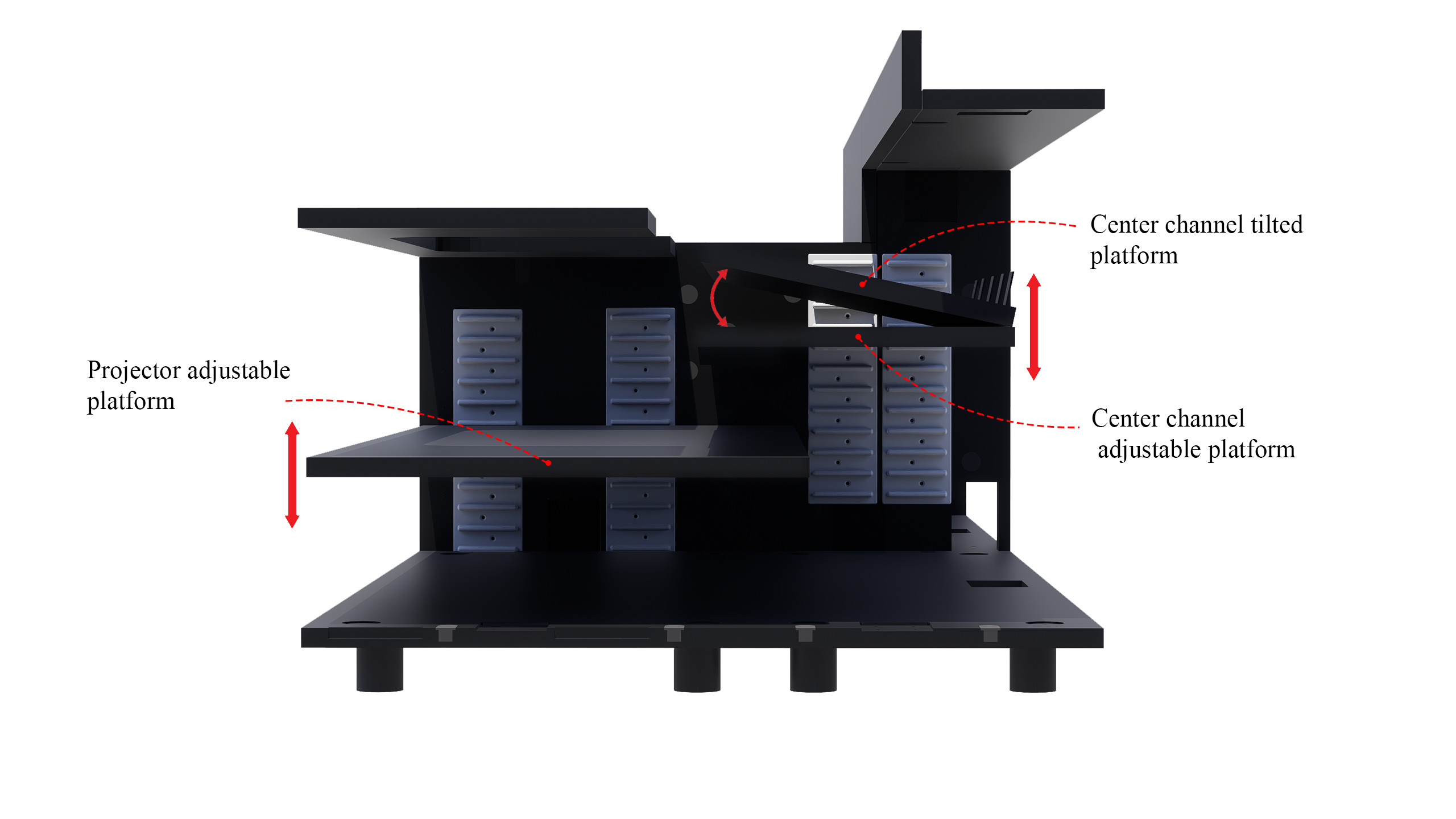 High Profile Black Cabinet designed for integrating Ultra Short Throw Projector,Center Channel and Floor raising screen with Open doors.