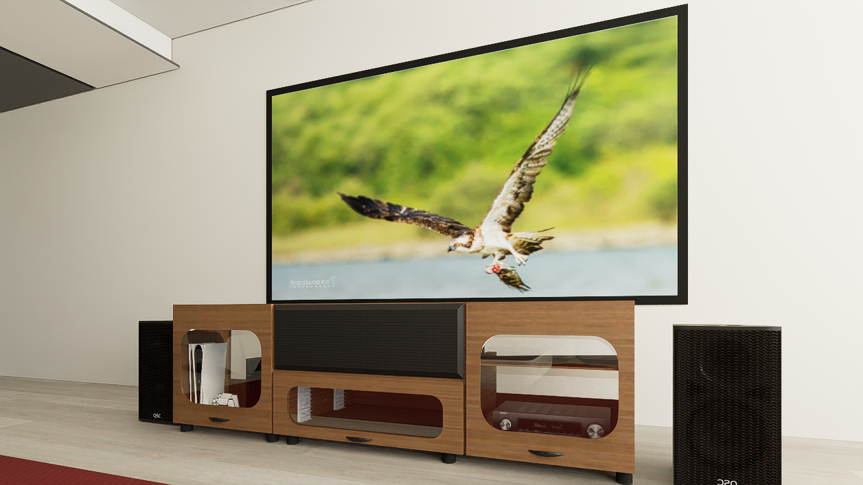 High Profile Sierra walnut Cabinet designed for integrating Ultra Short Throw Projector,Center Channel and 120"-132" Fixed screen with elegant doors.