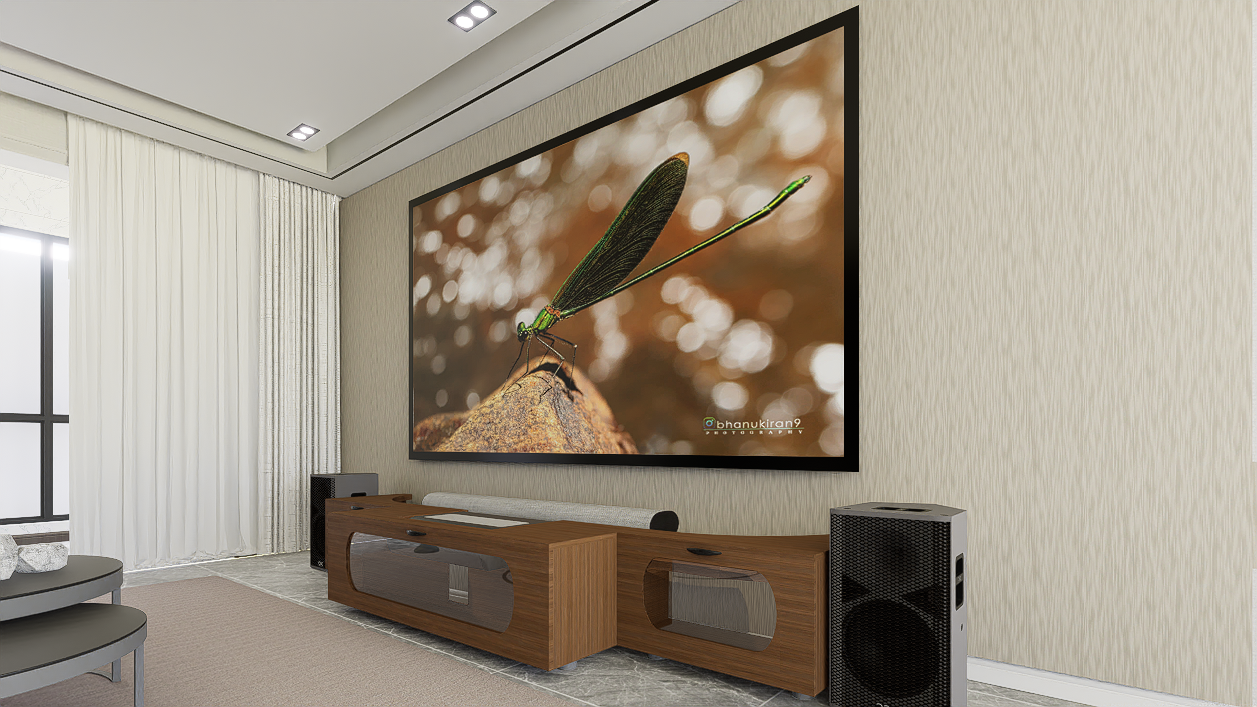 High Profile Sierra walnut Cabinet designed for integrating Ultra Short Throw Projector,Center Channel and 120" Fixed screen with elegant doors.