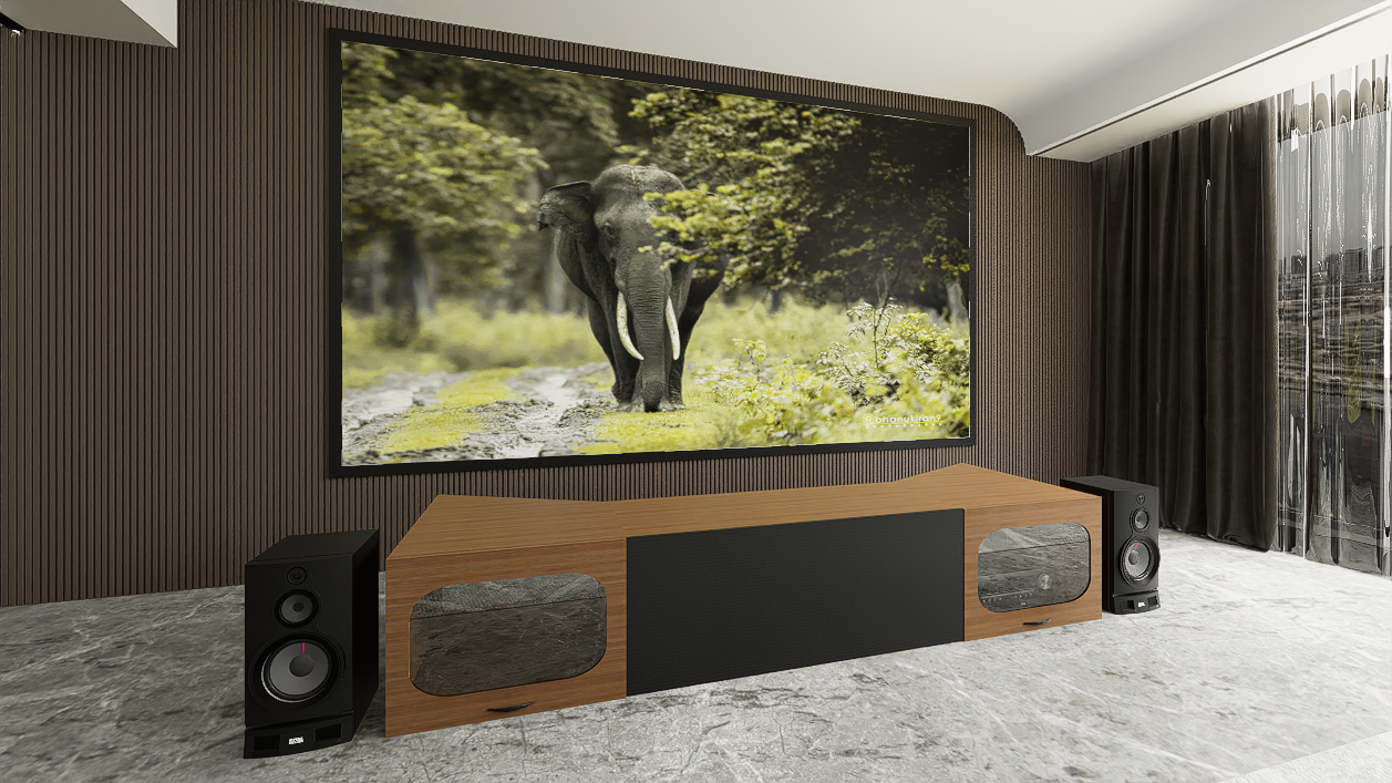High Profile Sierra walnut Cabinet designed for integrating Ultra Short Throw Projector,Center Channel and Fixed screen with elegant doors.