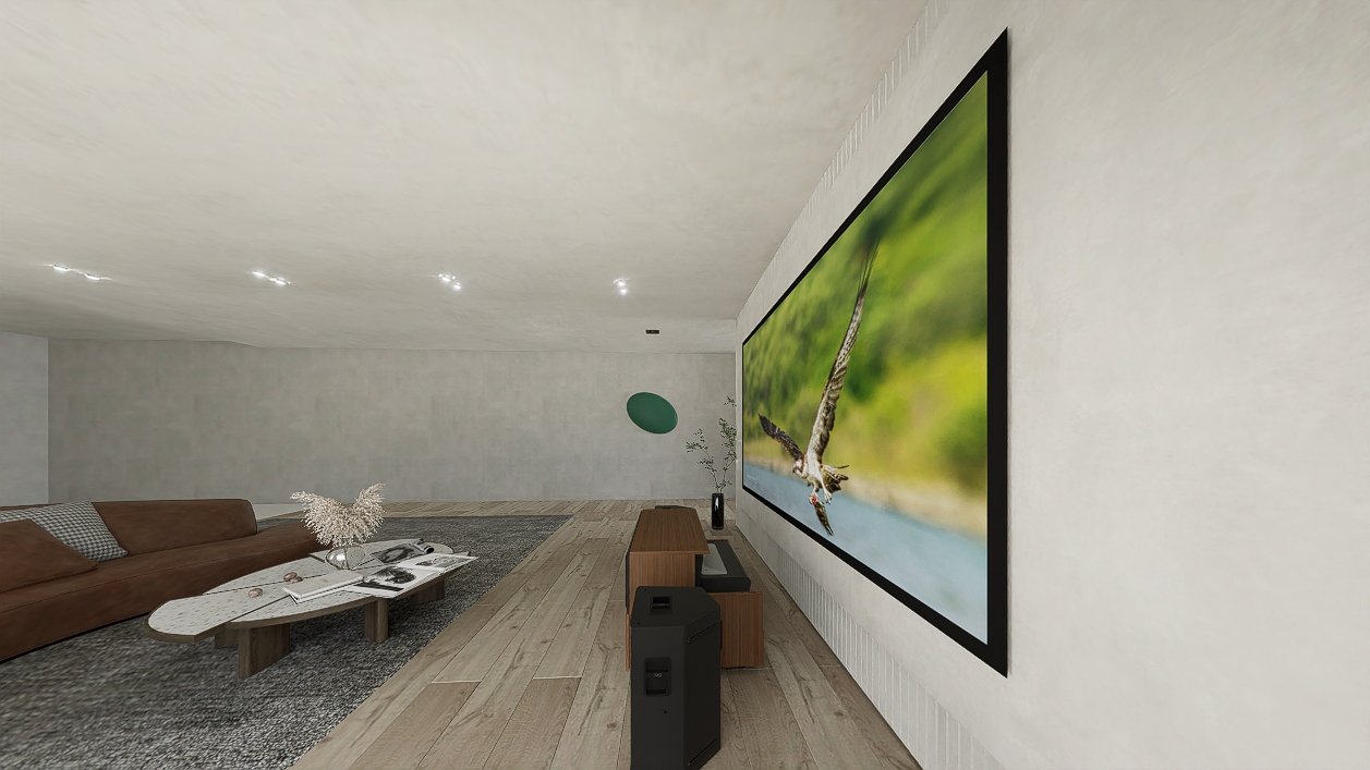 High Profile Core Sierra walnut Cabinet designed for integrating Ultra Short Throw Projector,Center Channel and Fixed screen with elegant doors.