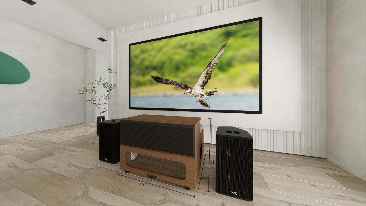 High Profile Core Sierra walnut Cabinet designed for integrating Ultra Short Throw Projector,Center Channel and Fixed screen with elegant doors.
